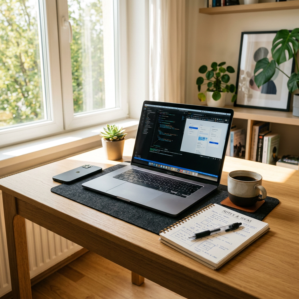 Modern desk with laptop, notebook, coffee, sunlight