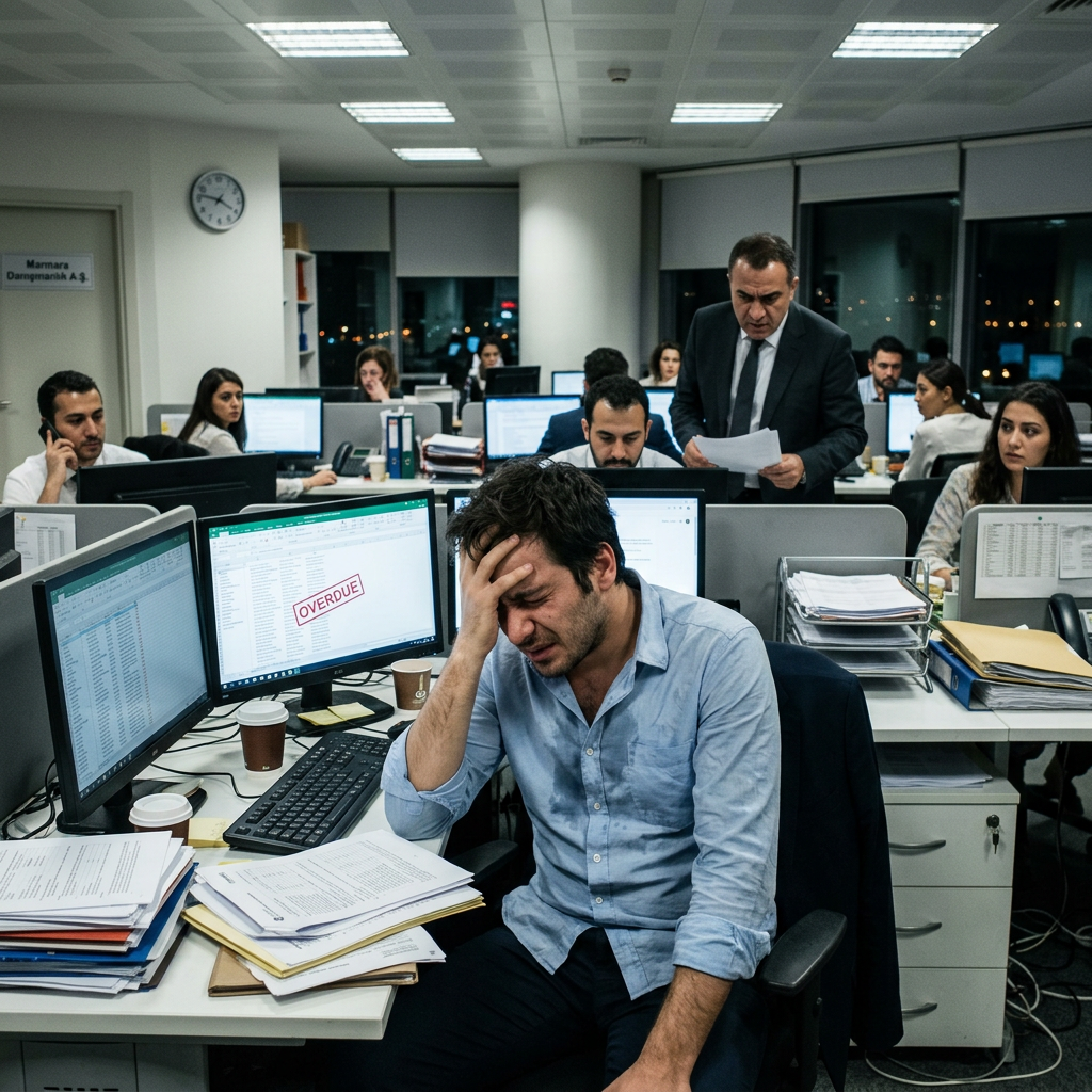 Office worker holding his head in frustration in front of computer showing overdue spreadsheet