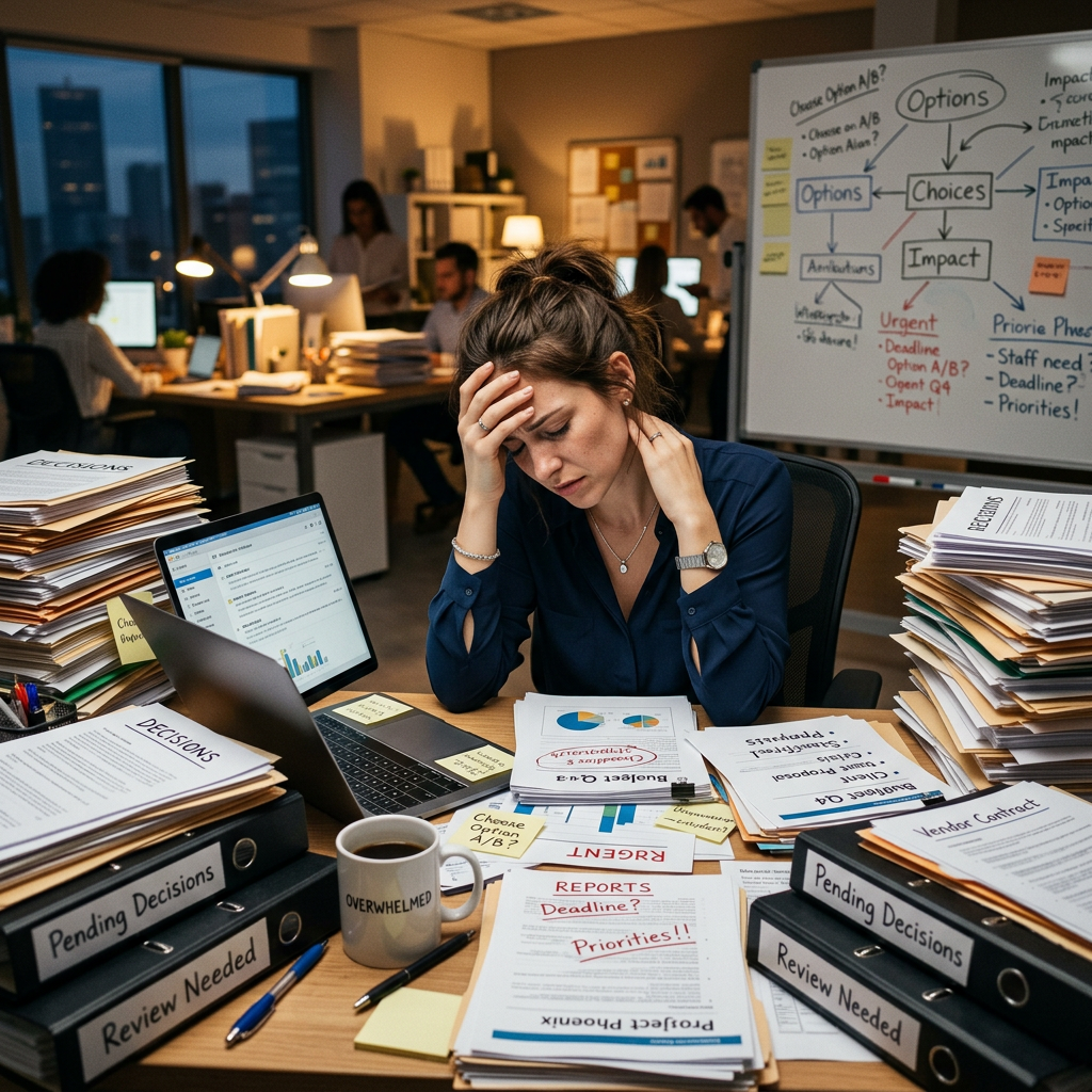 White-collar worker overwhelmed by many decisions at desk