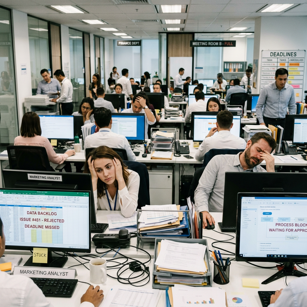 Busy corporate office workers stuck not progressing