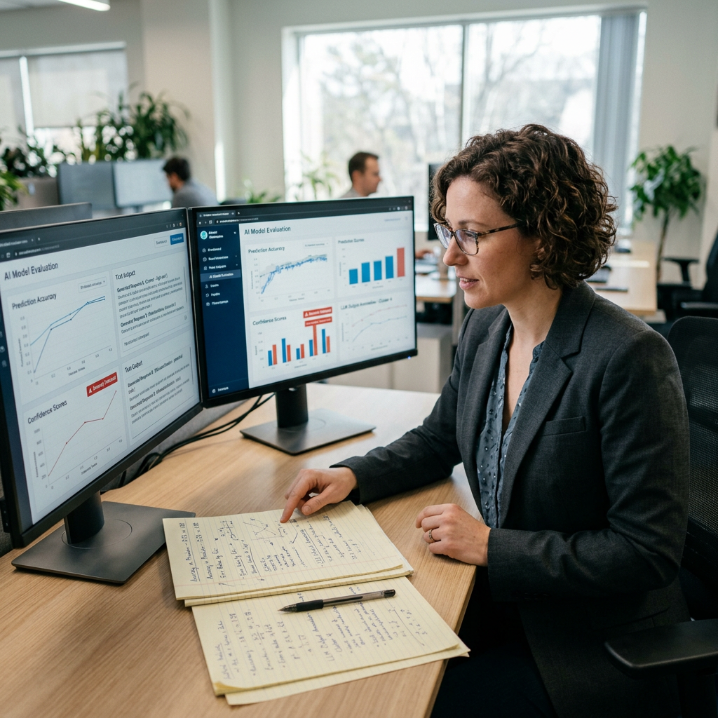 Analyst reviewing AI model evaluation charts on two monitors