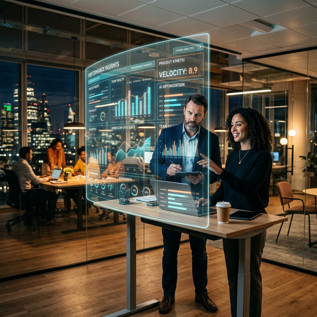 Two colleagues reviewing performance analytics on a transparent digital dashboard